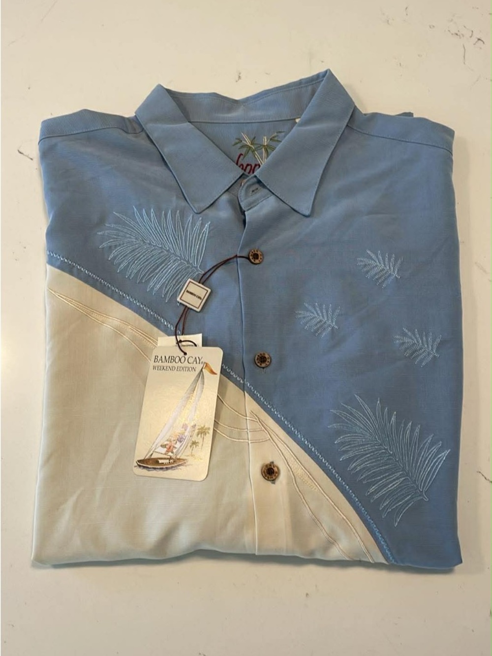 Bamboo Cay Two-Tone Palm Embroidered Camp Shirt - Blue & Cream XL Weekend